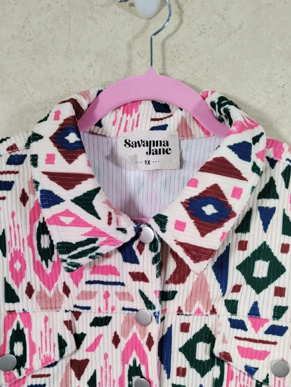 H195 Savanna Jane geometric print pink & teal wide wale corduroy jacket 1X NEW